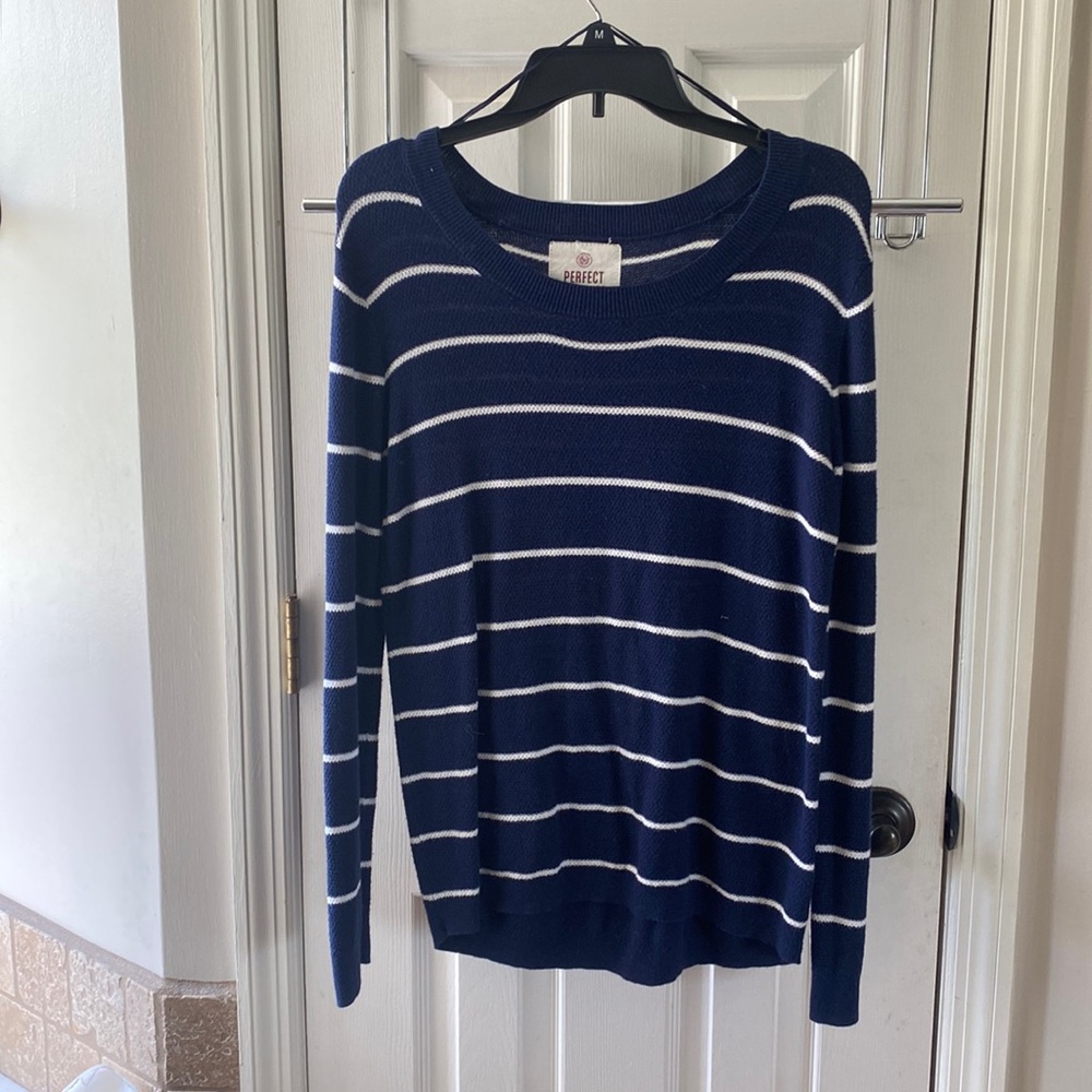 Navy blue and white striped long sleeve cotton shirt
